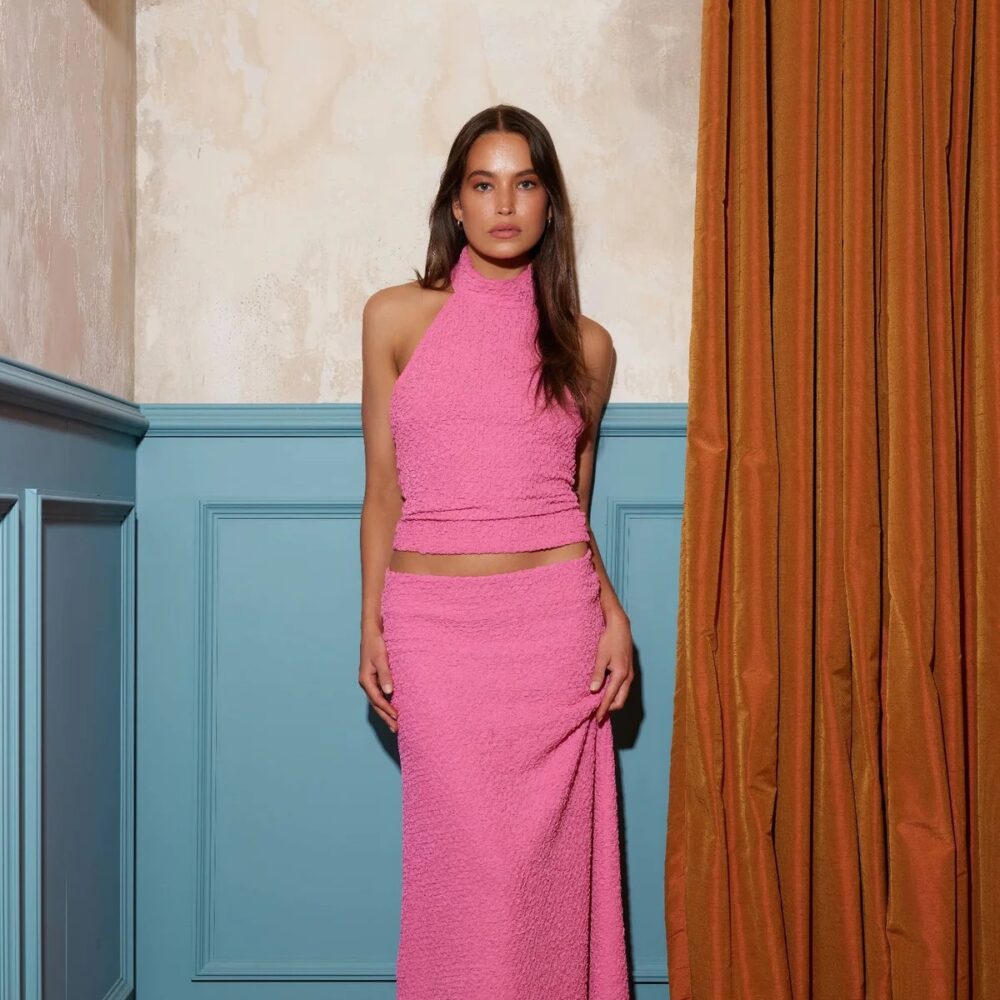 Textured Halter Top & Skirt Set Fuchsia