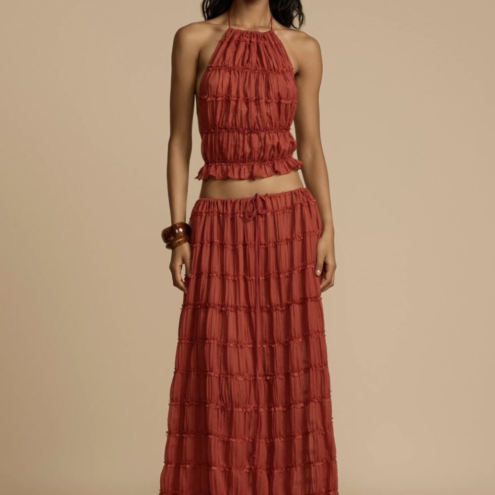 Juliette Halter Top and Skirt Set in Red