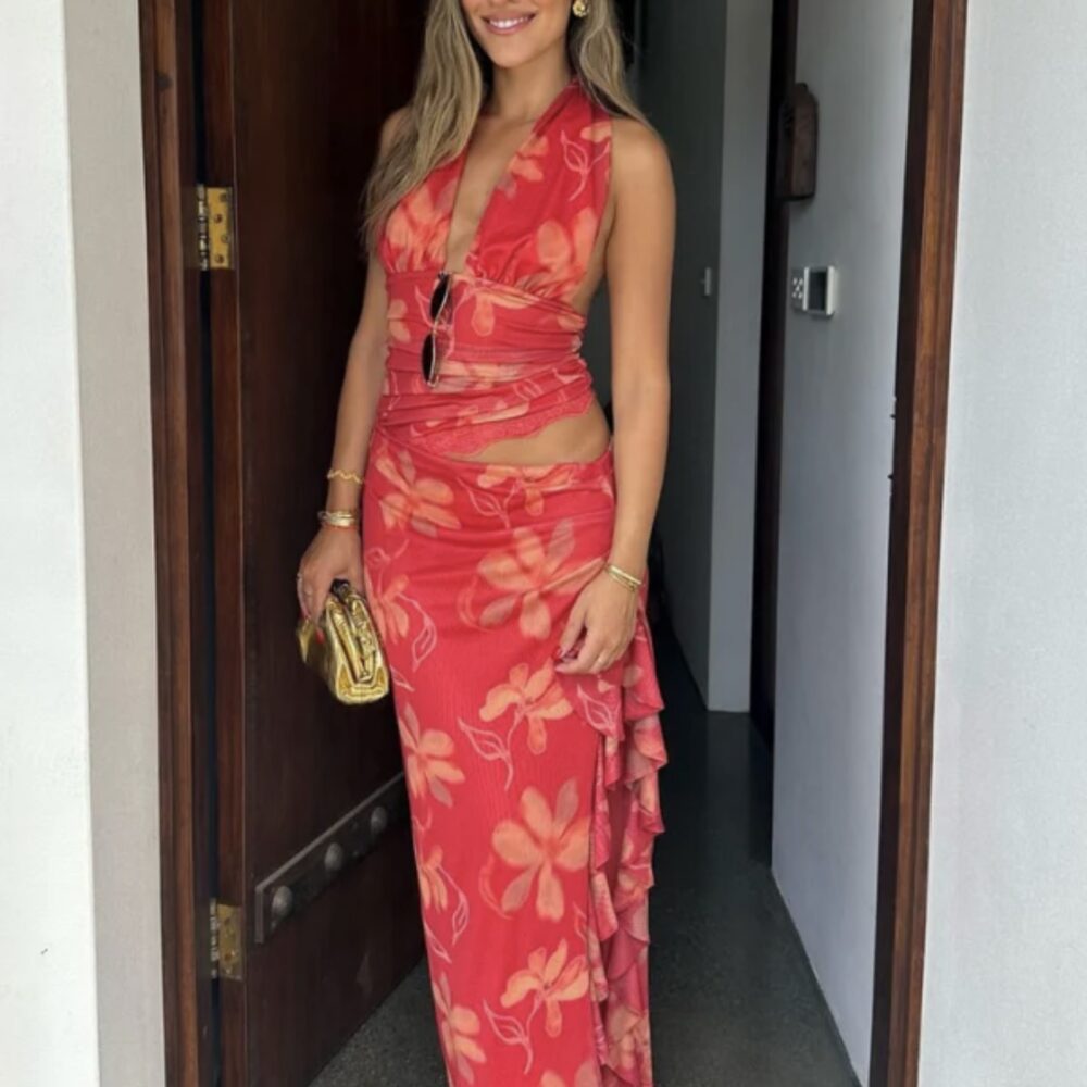 Penelope Halter Maxi Dress in Hibiscus Floral